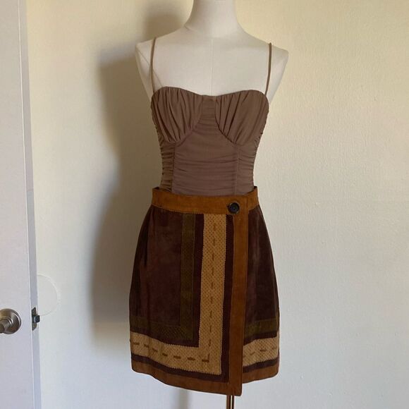 Vintage Brown & Tan Multi-panel Genuine Suede Leather Mini Wrap Skirt Size Small - Picture 2 of 14